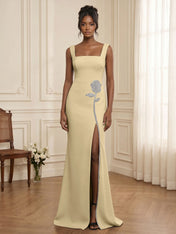 Formal Evening Dress Glamorous Black Square-Neck Crystal Rose Slit Gown
