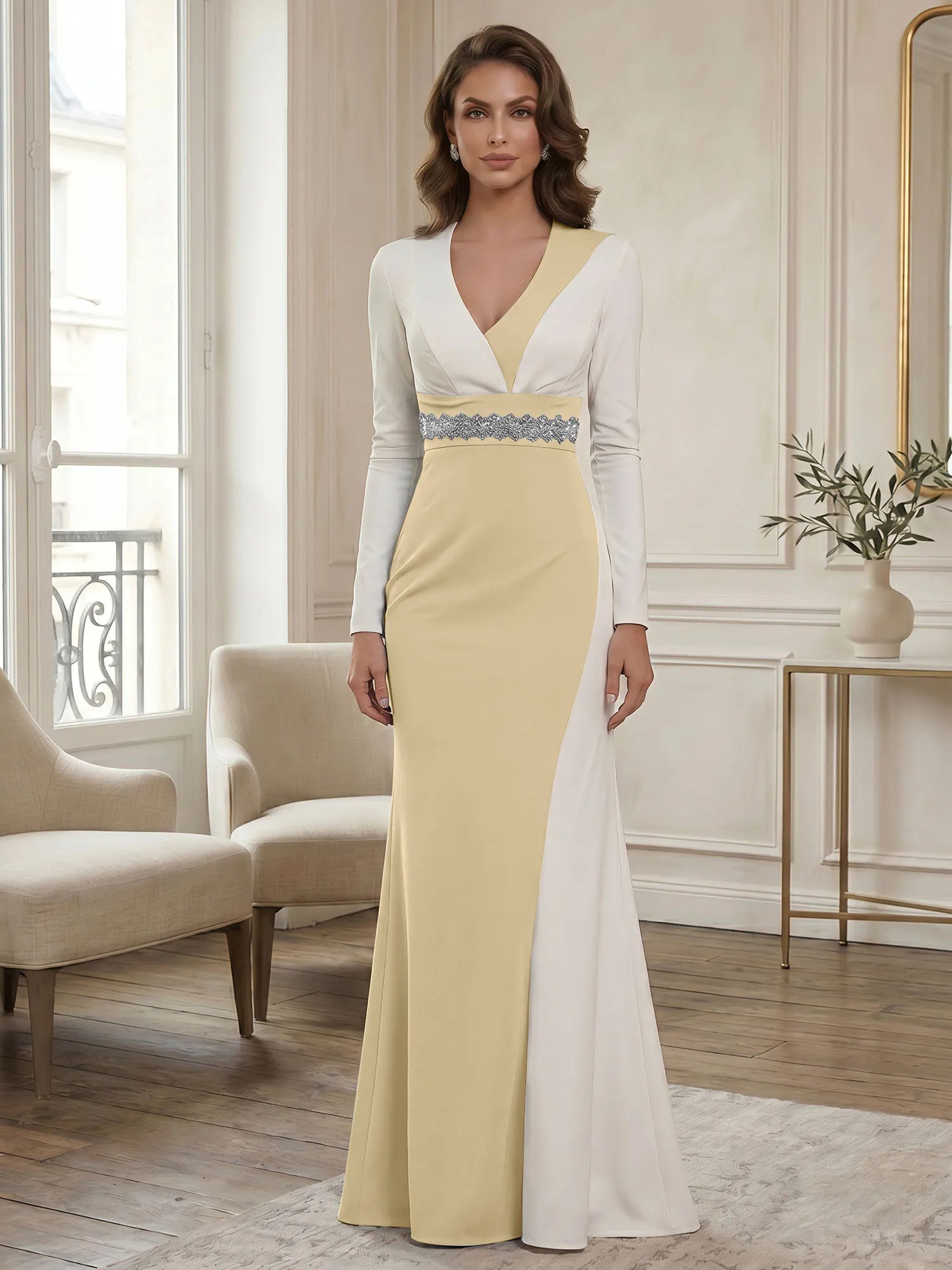 Elegant Navy & White Color-Block Long Sleeve Floor-Length Evening Gown Formal Dresses