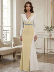 Elegant Navy & White Color-Block Long Sleeve Floor-Length Evening Gown Formal Dresses
