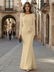 Elegant Pure White Formal Evening Dress Long-Sleeve 3D Floral Crepe Maxi Dress Gown