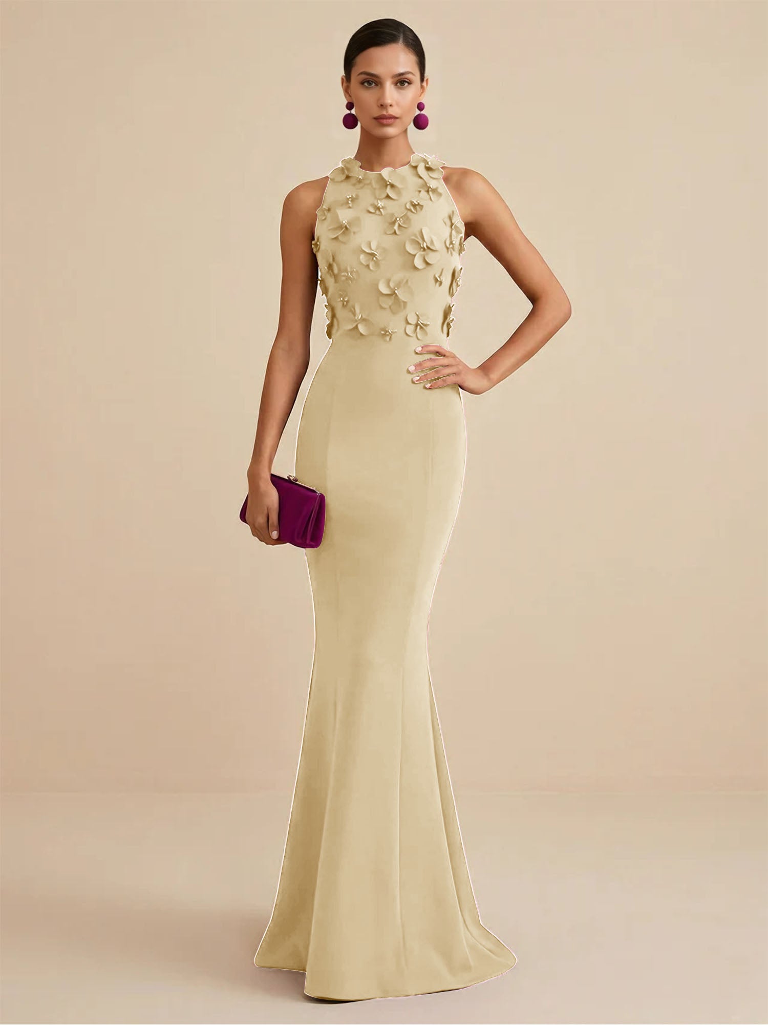 Deep Fuchsia Sleeveless High Neck 3D Floral Mermaid Formal Gown Evening Dress