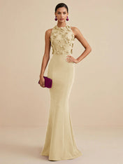 Deep Fuchsia Sleeveless High Neck 3D Floral Mermaid Formal Gown Evening Dress