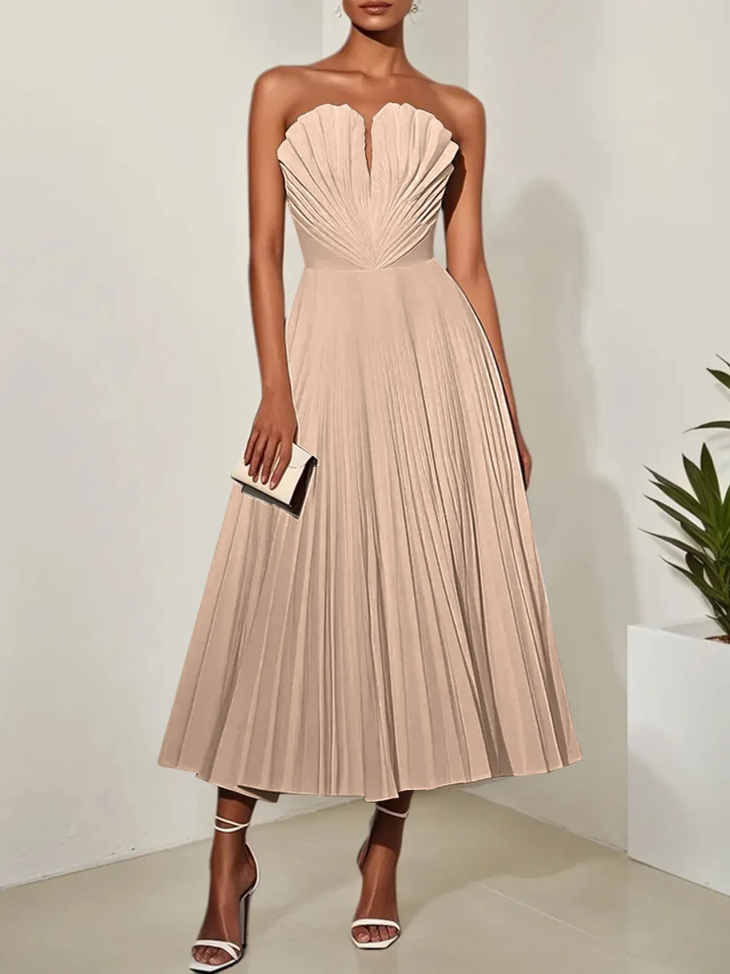 White Pleated Classic Strapless Sleeveless A-Line Midi Dress