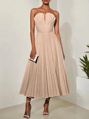 White Pleated Classic Strapless Sleeveless A-Line Midi Dress