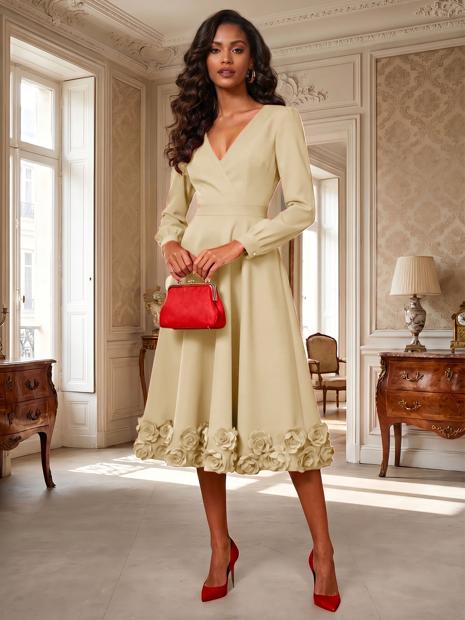 Formal Evening Gown Crimson 3D Rose Hem A-Line Midi Dress