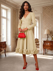 Formal Evening Gown Crimson 3D Rose Hem A-Line Midi Dress