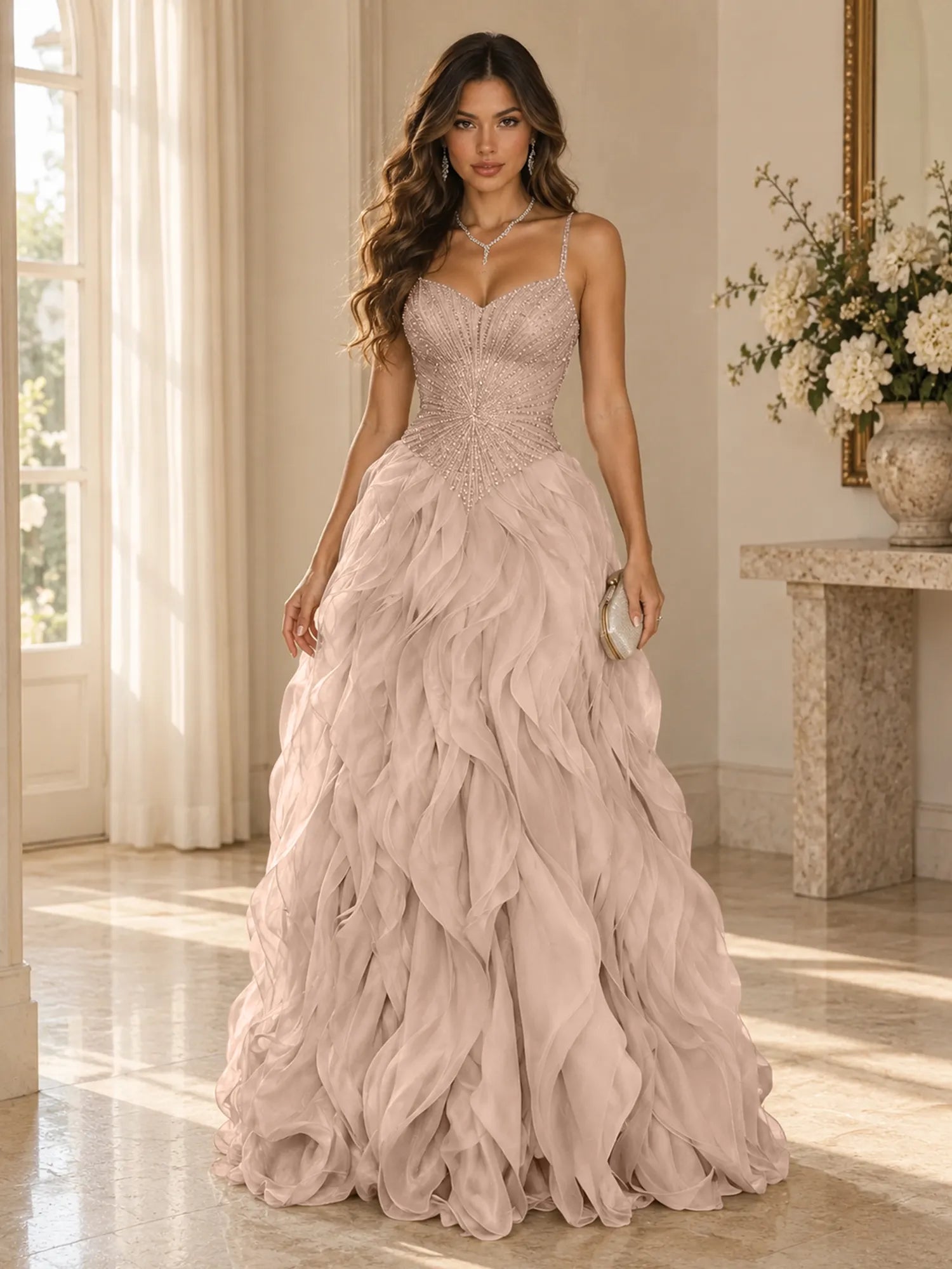 Elegant Beaded Spaghetti Strap Tiered Ruffle Ball Gown Evening Dress