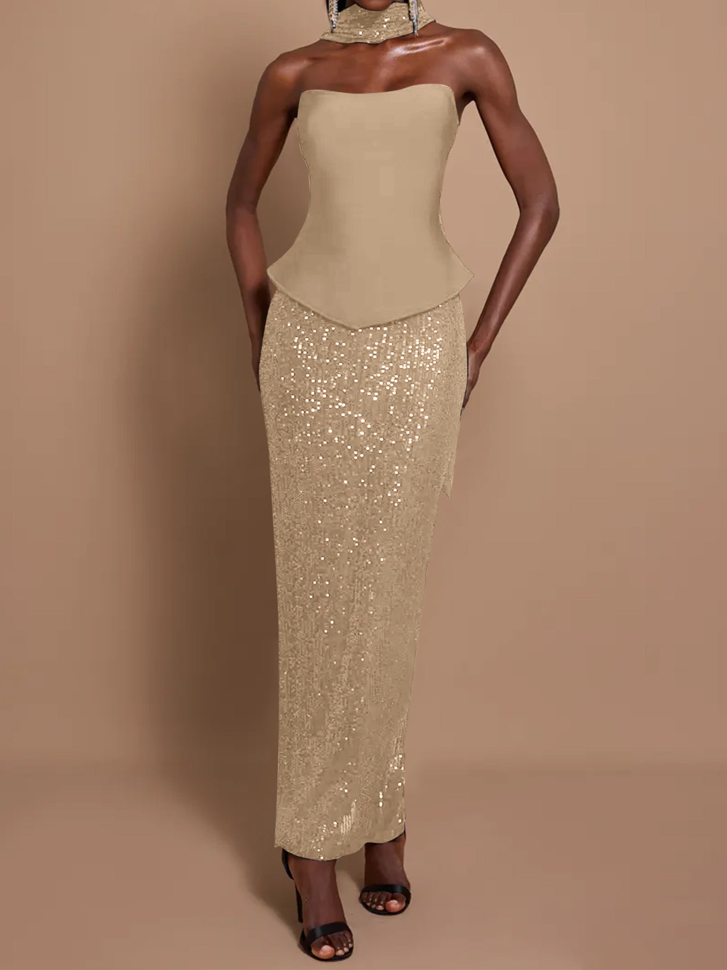 Off-Shoulder Bandage Top & Sequin Midi Skirt Set