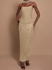 Off-Shoulder Bandage Top & Sequin Midi Skirt Set