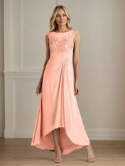 Champagne A-Line Scoop Lace Chiffon Dress