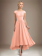A-line Scoop Illusion Asymmetrical Lace Chiffon Mother of the Bride Dress With Pleated
