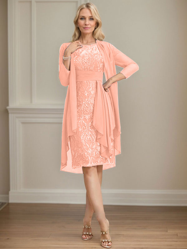 Column Scoop Illusion Knee-Length Lace Chiffon Mother of the Bride Dress With Cascading Ruffles Sequins