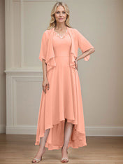 A-line V-Neck Asymmetrical Chiffon Mother of the Bride Dress With Beading Sequins