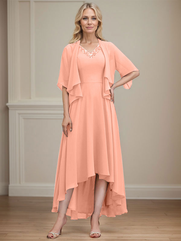 A-line V-Neck Asymmetrical Chiffon Mother of the Bride Dress With Beading Sequins