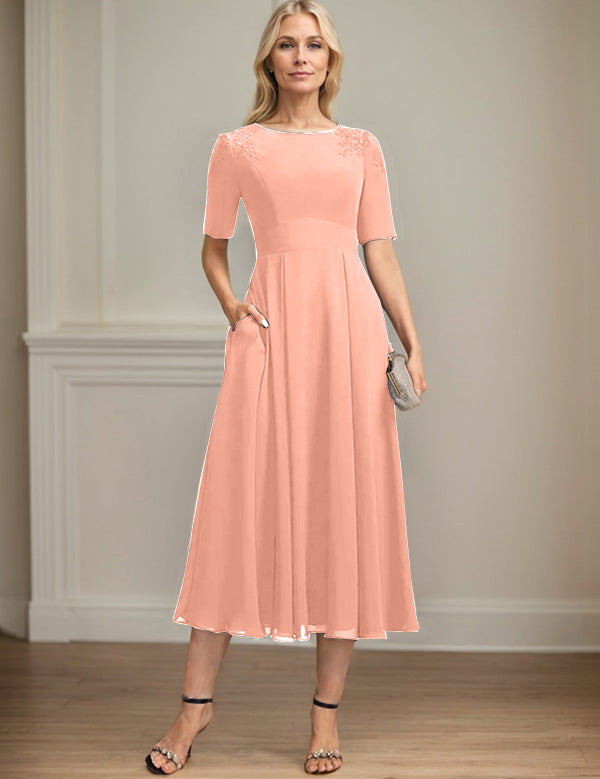 A-line Scoop Tea-Length Chiffon Mother of the Bride Dress With Appliques Lace Sequins