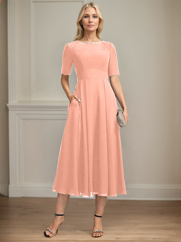 A-line Scoop Tea-Length Chiffon Mother of the Bride Dress With Appliques Lace Sequins
