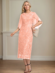 Sheath/Column Scoop Tea-Length Lace Chiffon Mother of the Bride Dress