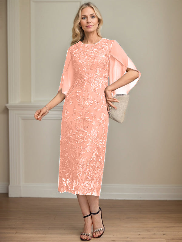 Column Scoop Tea-Length Lace Chiffon Mother of the Bride Dress