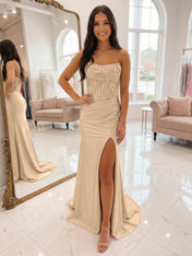 Romantic Pink Satin Corset Slit Prom Dress with Beaded Bodice