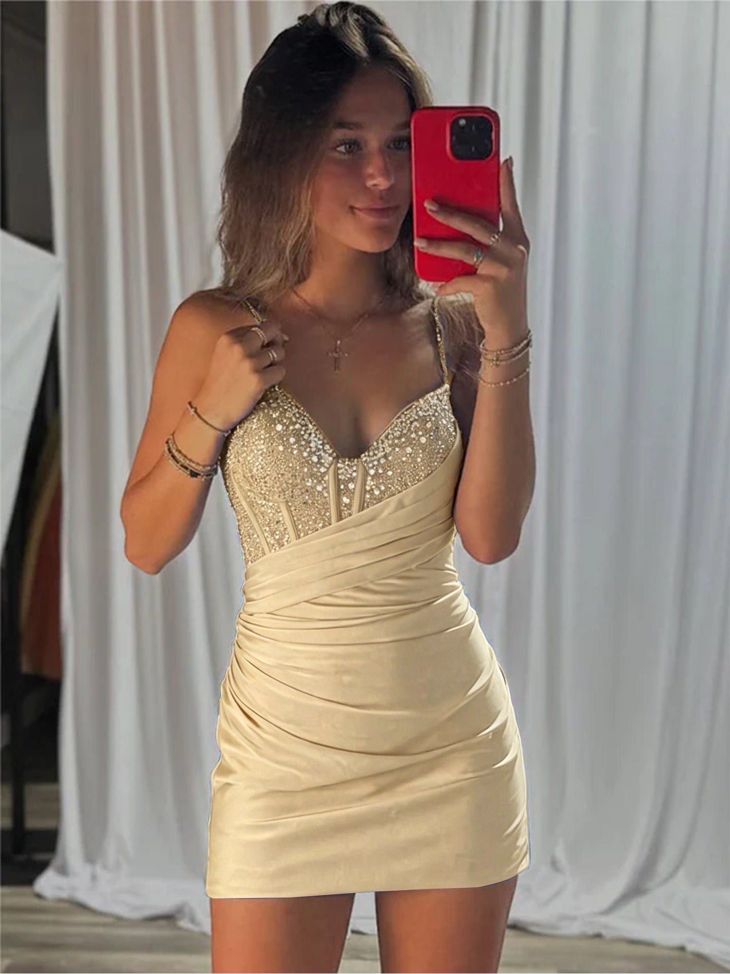 Beaded V Neck Corset Bodice Homecoming Dress