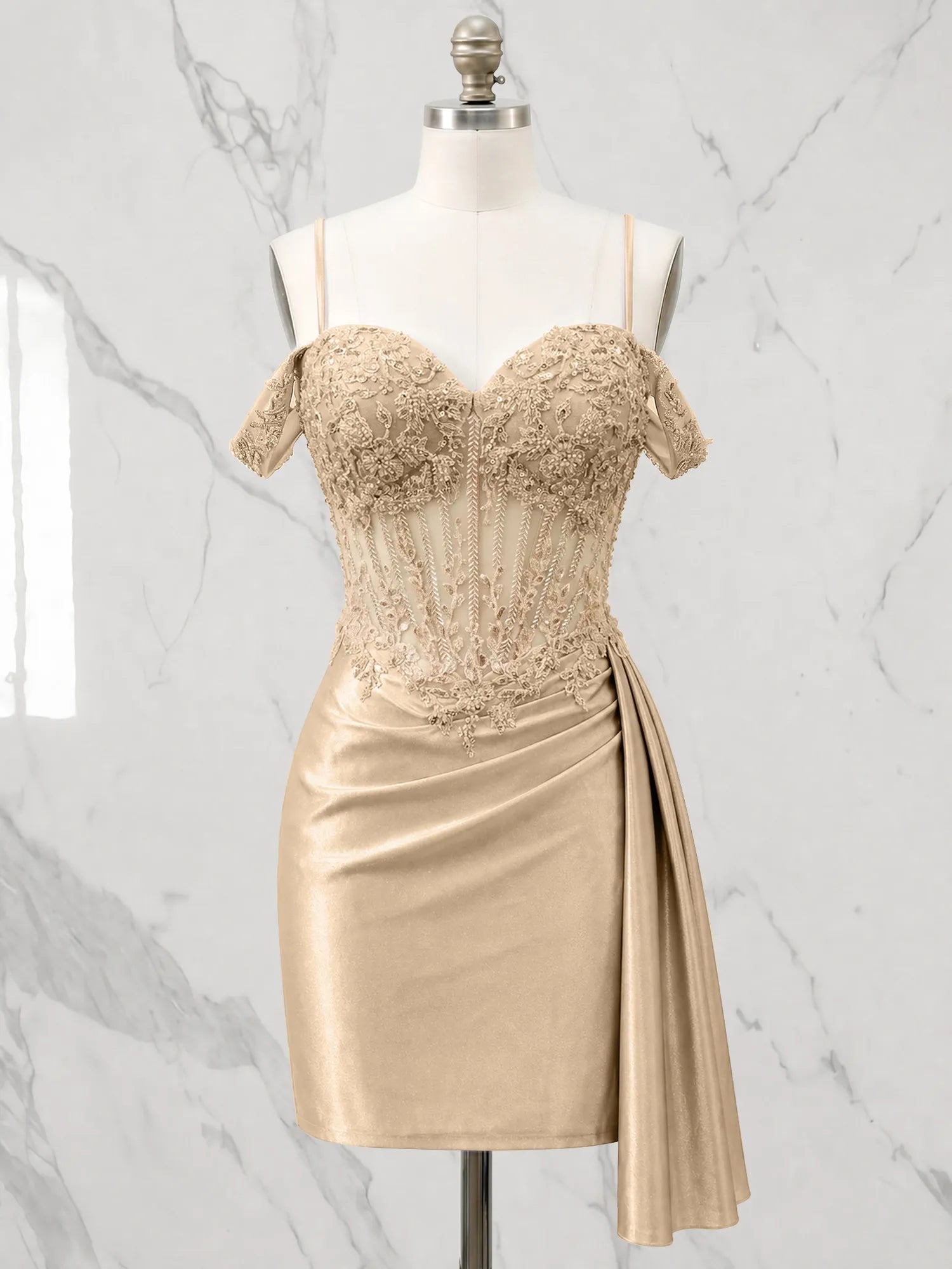 Sweetheart Sheer Corset Mini Dress with Cascading Side Drape Homecoming Dresses