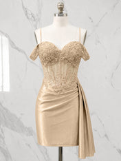 Sweetheart Sheer Corset Mini Dress with Cascading Side Drape Homecoming Dresses