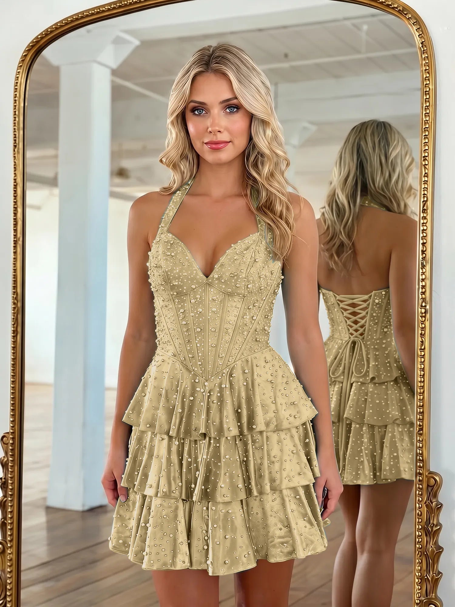 Halter Neck Pearl Beaded Tiered Short Homecoming Dresses
