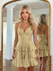Halter Neck Pearl Beaded Tiered Short Homecoming Dresses
