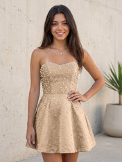 Baby Blue All Over Pearl Strapless Satin A-Line Mini Homecoming Dresses