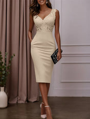 Pink Lace Hotfix Embellished Classic V Neck Sleeveless Sheath Midi Dress