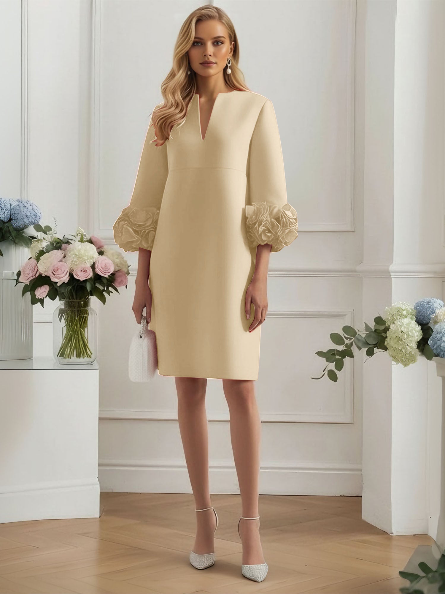 3D Floral Classic Notched Long Sleeve A-Line Midi Dress