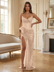 Champagne Gold Crystal-Embellished Corset Long Prom Dress with Slit