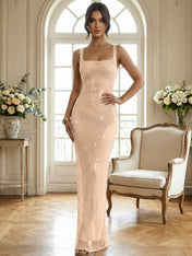 Sparkly Champagne Crystal Mesh Square Neck Long Prom Dress