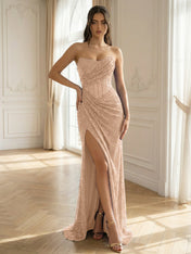 Royal Blue Strapless Beaded Corset Long Prom Dress with Slit