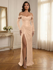 Silver Sequin Off-the-Shoulder Long Sleeves Corset Prom Dress with Slit