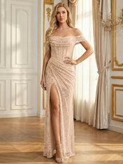 Sparkly Off-the-Shoulder Mesh Ruched Bodice Long Prom Dress with High Slit