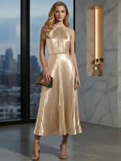 Luxurious Champagne-Gold Pleated Halter Midi Prom Dress