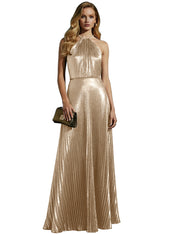 Luxurious Champagne-Gold Pleated Halter Long Prom Dress