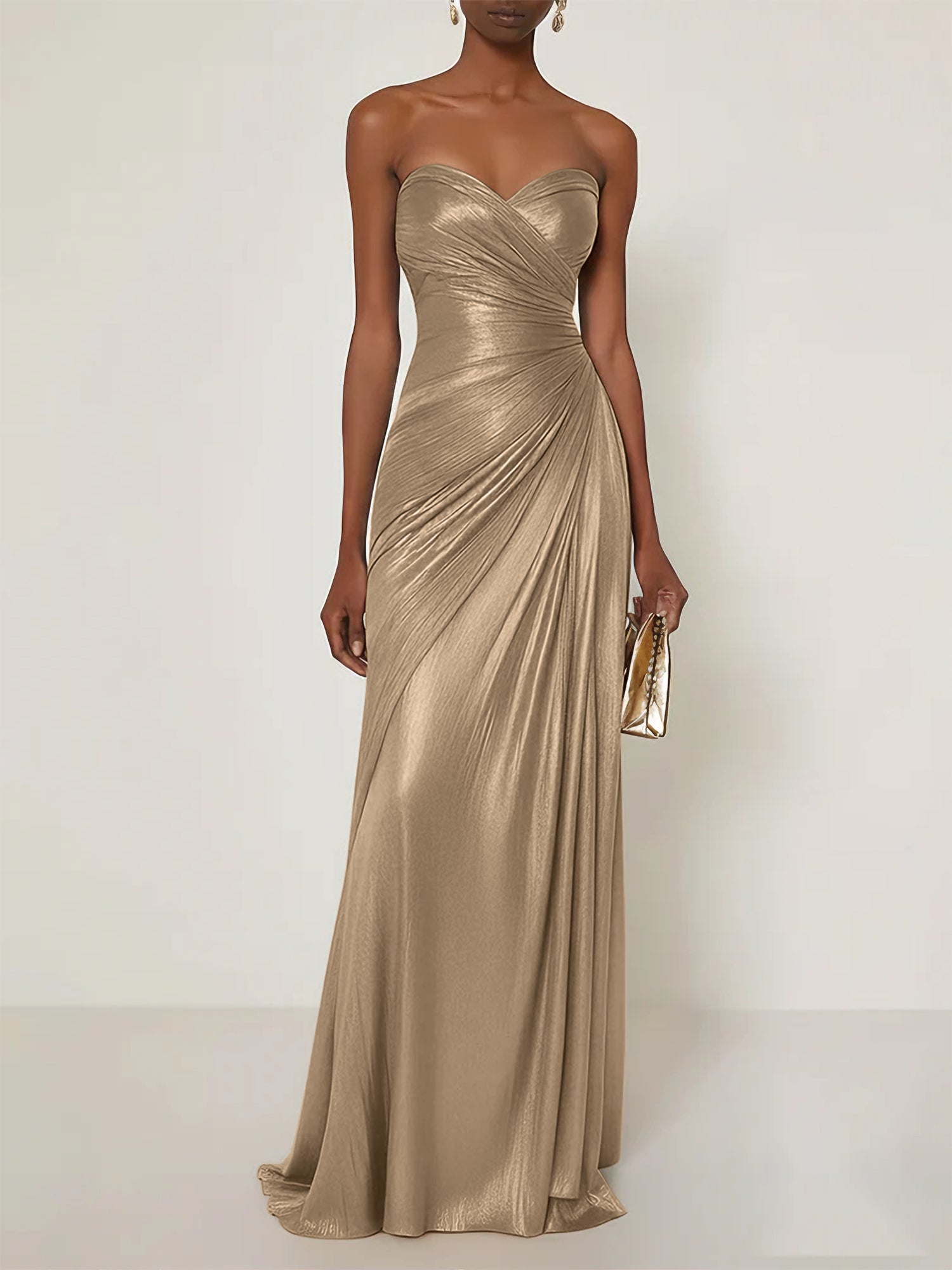Evening Formal Dress V Neck Silver Silk Ruffles Strapless Maxi Dress
