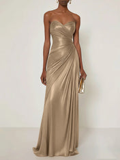 Evening Formal Dress V Neck Silver Silk Ruffles Strapless Maxi Dress