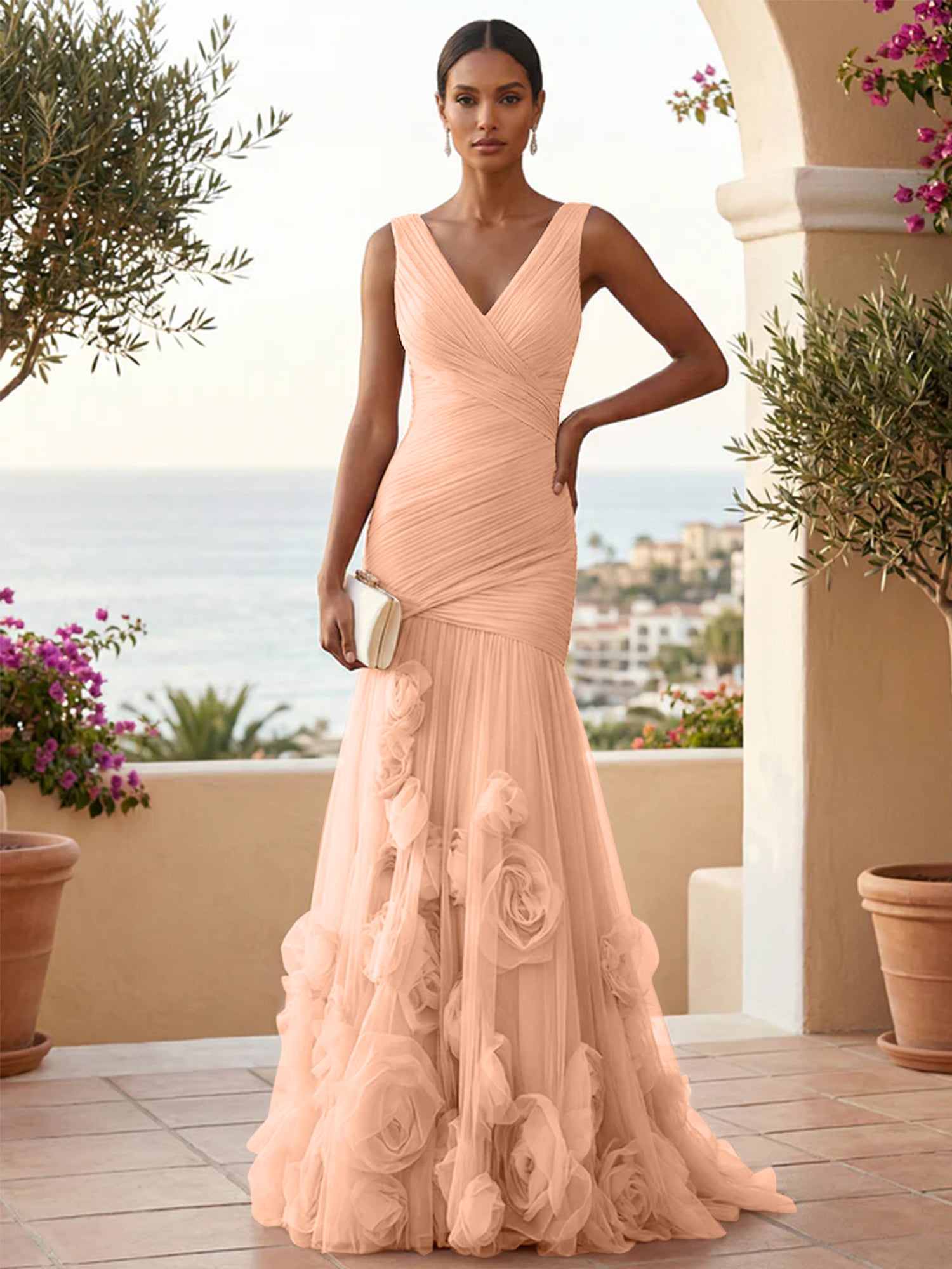 Sweetheart Tulle V Neck Pleat Mermaid Evening Dresses with 3D Flower