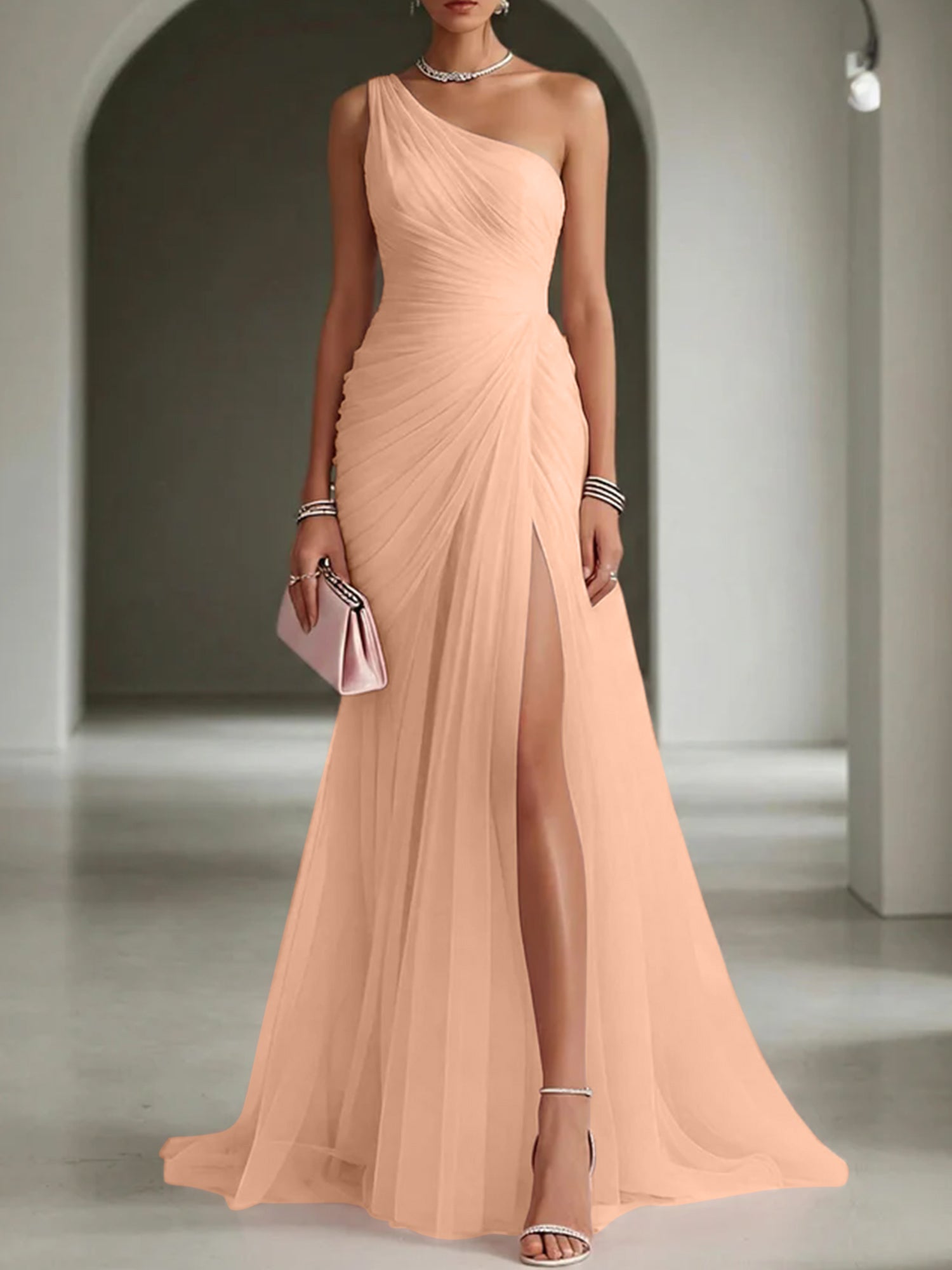 Pink Ruched Slit Tulle Strapless One Shoulder Sheath Gown Dress