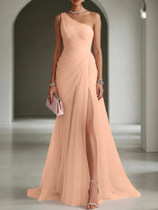 Pink Ruched Slit Tulle Strapless One Shoulder Sheath Gown Dress