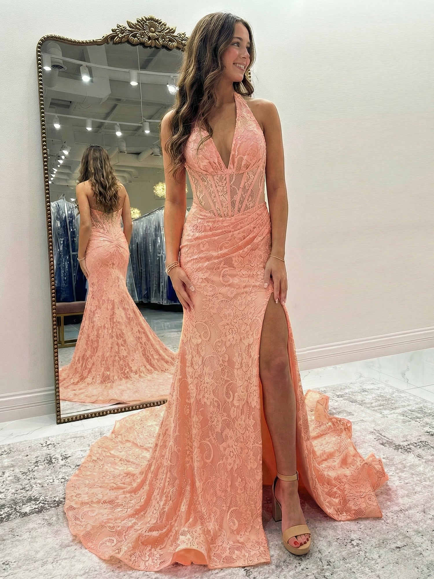 Black Mermaid Lace Halter Long Prom Dress with Slit