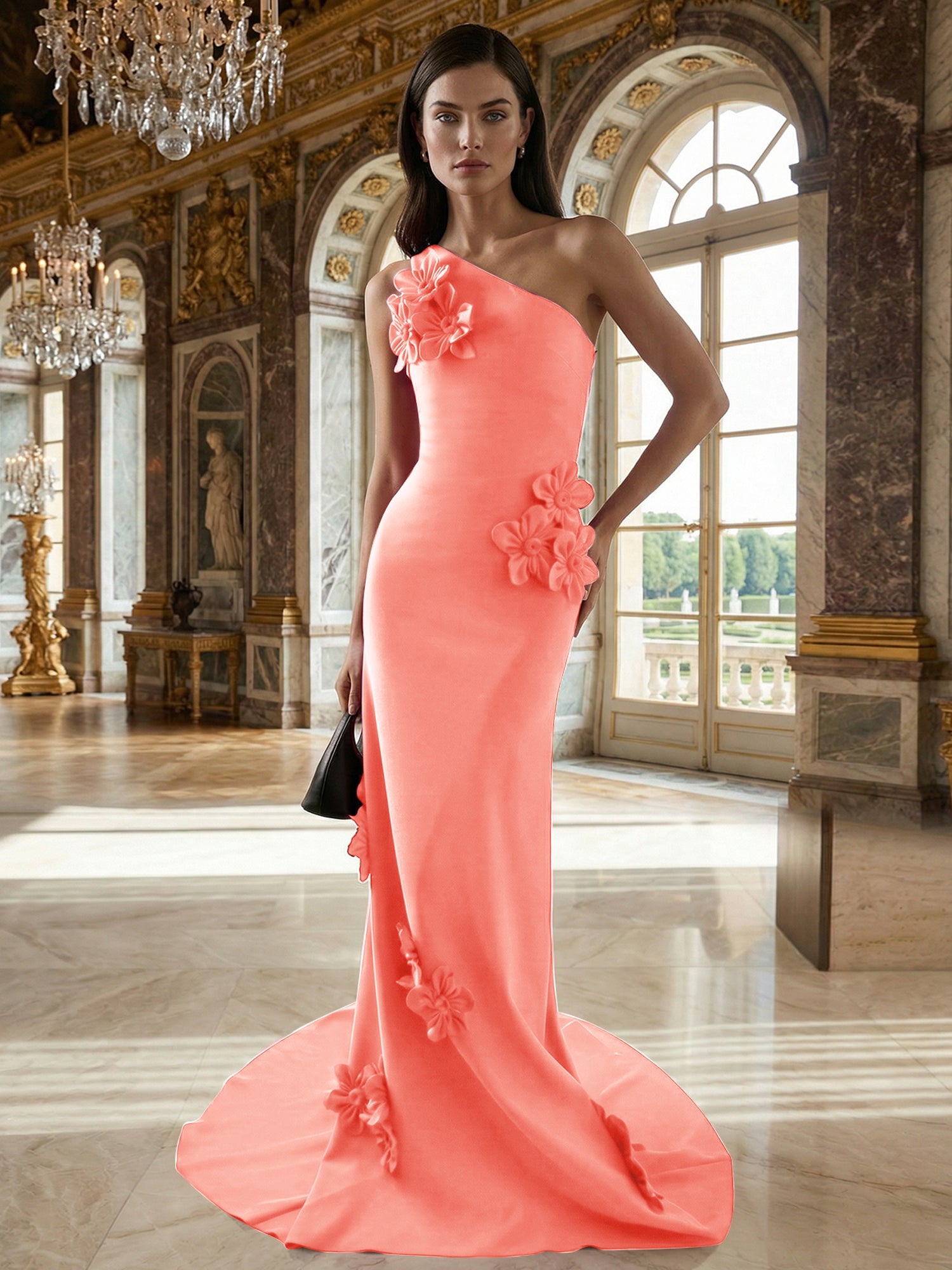 A Line One Shoulder Sleeveless Floor Length Stretch Crepe Dress With 3D Flowers