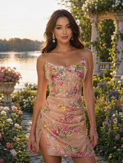 Peach Floral Embroidered Ruched Short Homecoming Dress