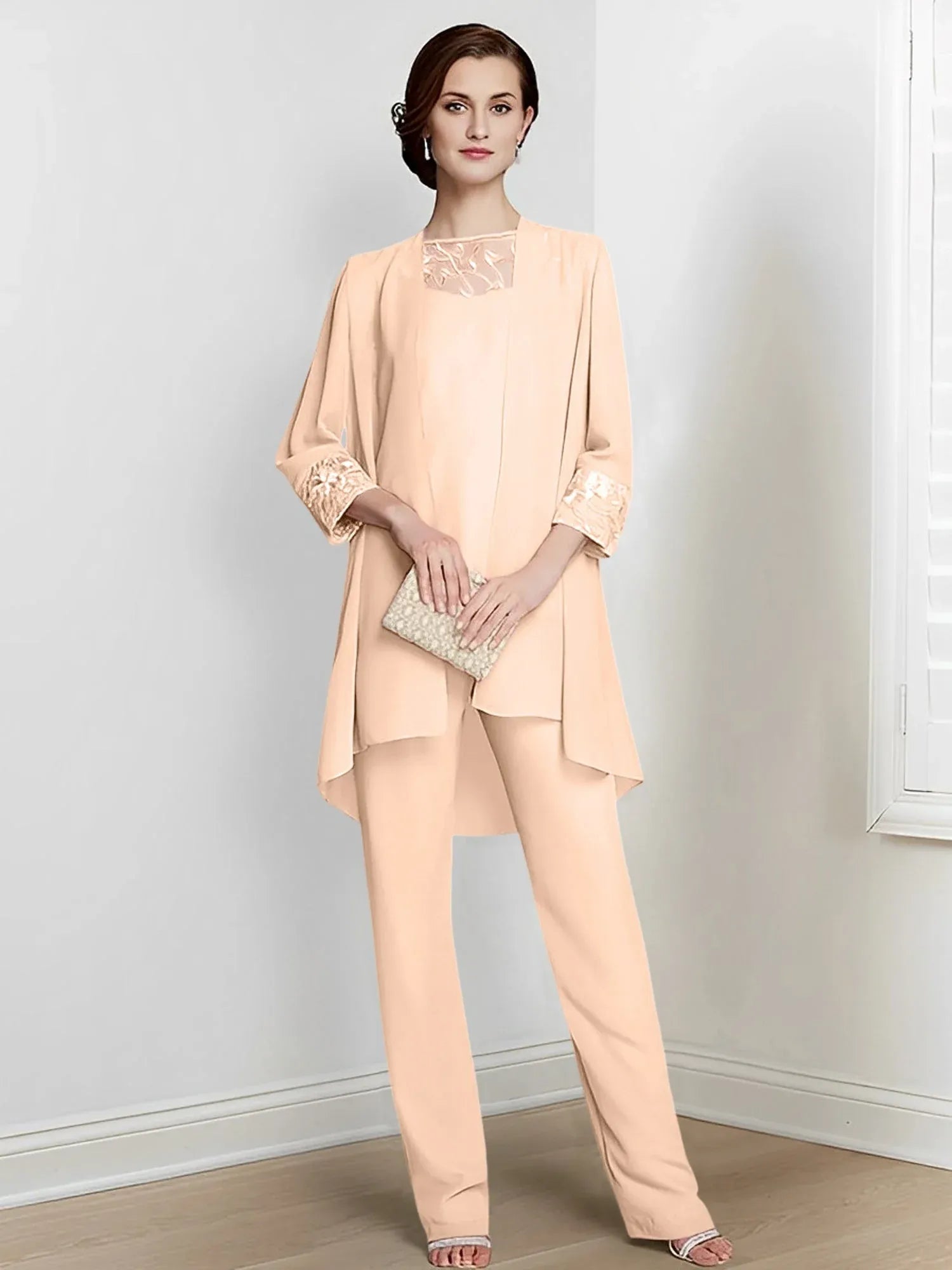 Tailleur-pantalon en mousseline à manches longues pour mère de la mariée avec veste 