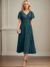 A-line V-Neck Tea-Length Lace Chiffon Mother of the Bride Dress