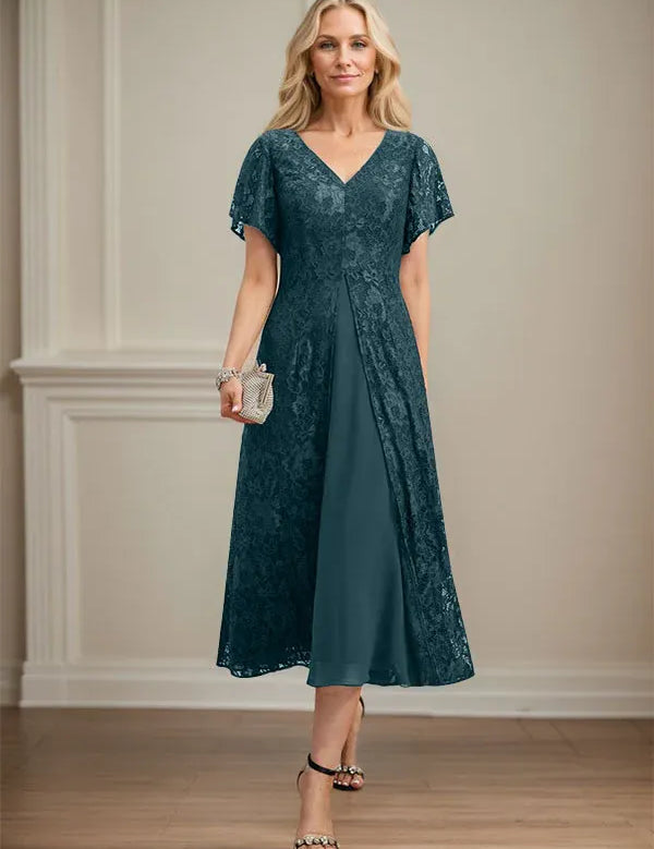 A-line V-Neck Tea-Length Lace Chiffon Mother of the Bride Dress