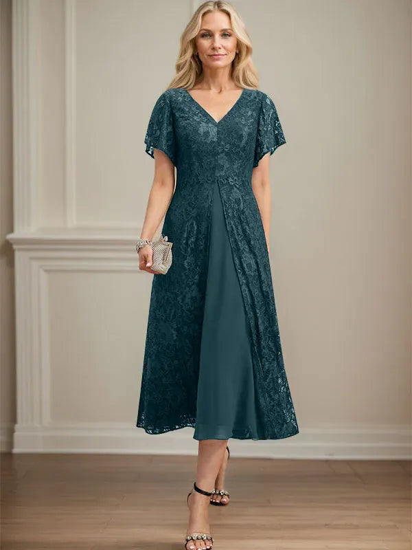Robe de mère de la mariée en mousseline de soie, coupe trapèze, col en V et longueur thé 